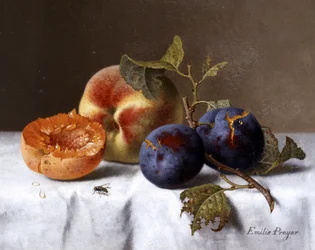 Nature morte de peches et prunes pourries. Peinture de Emilie Preyer (1849-1930) Collection privee.
