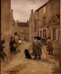 Enfants jouant avec des cerceaux dans une rue, Arromanches