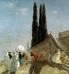 Departing for the Masquerade. Depart pour le bal masque. Peinture de Emma Ciardi (1879-1933 Italian) Collection privee