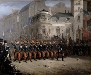 Le retour des troupes à Paris de Crimée, Boulevard des Italiens, devant le Pavillon de Hanovre, décembre 1855