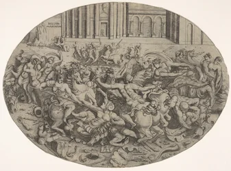 Combat entre Amazones et hommes devant des arcades architecturales, une composition ovale