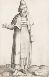 Planche de costume : Hispana Rustica avec étiquette sur le rocher, ca. 1557-58