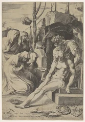 Mise au tombeau du Christ, dont la poitrine est saisie par Joseph d