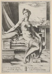 Lucrèce nue et assise devant une fenêtre, un poignard dans la main droite et tenant d..., vers 1535-67