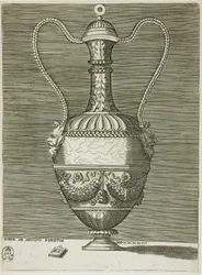 Vase avec deux masques grotesques, planche six de la série de vases dessinés d