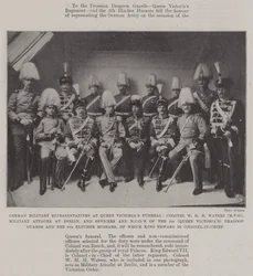 Représentants militaires allemands aux funérailles de la reine Victoria, Colonel W H H Waters (MVO), attaché militaire à Berlin, et officiers et sous-officiers des 1er (Queen Victoria