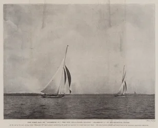 La première voile du Shamrock II, le nouveau challenger devançant le Shamrock I dans les eaux de Southampton