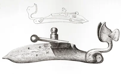Mousquet à mèche du XVIIe siècle. Mécanisme ou serrure utilisée pour tirer avec une arme à feu portative, tiré de L