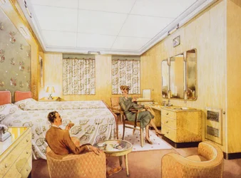 Une chambre à bord du RMS Caronia, vers 1950
