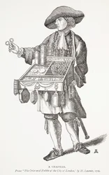 Un colporteur, frontispice de Les cris et les habitudes de la ville de Londres par M. Lauren, 1709, illustration de Chap-books du XVIIIe siècle par John Ashton, pub. 1882