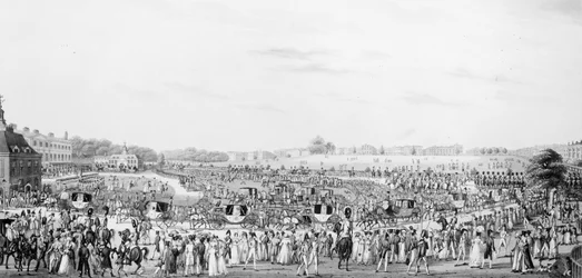 Représentation correcte de la compagnie allant et revenant de la salle de dessin de Sa Majesté au palais de Buckingham, publié par G. Humphrey, 25 mai 1822