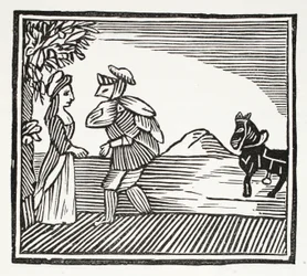 Un gentleman allant consulter Mère Bunch, illustration de Chap-books du XVIIIe siècle par John Ashton, pub. 1882