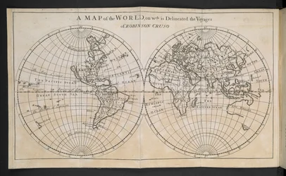 Carte du monde, sur laquelle sont délimités les voyages de Robinson Crusoé
