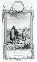 Une femme patagonienne et un garçon en compagnie du commodore Byron, illustration tirée des Voyages et voyages de Moore, 1778