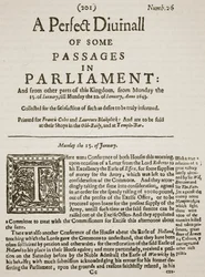 A Perfect Diurnall, fac-similé de la première page du numéro 26, 1643 (illustration de Cassells Illustrated History of England)