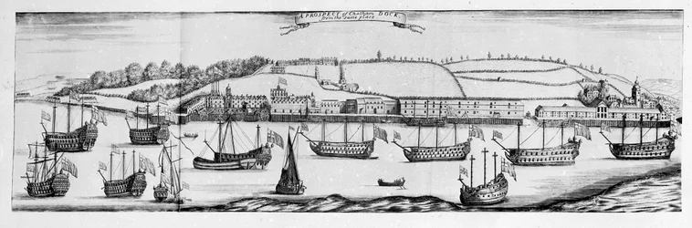Une perspective du chantier naval de Chatham depuis le moulin à vent de Finsbery (gravure)
