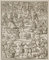 Un pique-nique royal, planche de Noble Art of Venerie and Hunting par George Turberville, 1575