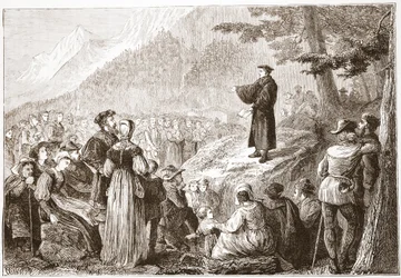 Un réformateur suisse prêchant à son troupeau en plein air, illustration de L