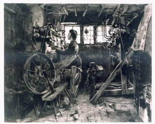 Un atelier typique de tisserands de la première révolution industrielle