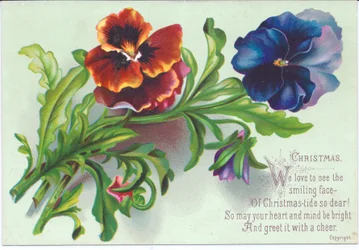 Carte de Noël victorienne avec un bouquet de pensées, vers 1880