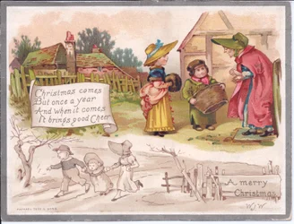 Carte de Noël victorienne avec une femme âgée et deux enfants à une ferme, vers 1880 (lithographie en couleur)