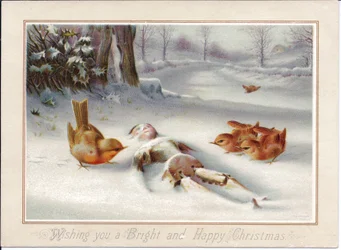 Carte de Noël victorienne représentant des robins regardant une marionnette en bois dans la neige, vers 1880 (lithographie en couleurs)
