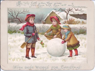 Carte de Noël victorienne représentant trois enfants jouant avec une grosse boule de neige, vers 1880 (lithographie couleur)
