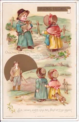 Carte de Noël victorienne avec deux enfants et un lièvre, vers 1880 (lithographie en couleur)
