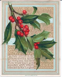Carte de Noël victorienne avec une branche de houx couvrant un vers. Publié par Marcus Ward, c.1880