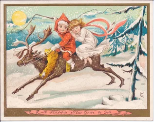 Carte de Nouvel An victorienne avec une fée fille et un garçon fée chevauchant un renne par une nuit enneigée au clair de lune, vers 1880 (lithographie en couleur)