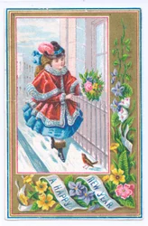 Carte de Nouvel An victorienne avec une fille habillée d