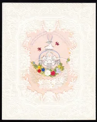 Carte de Saint-Valentin victorienne en dentelle de papier représentant une fontaine avec des fleurs, vers 1870 (lithographie en couleur)