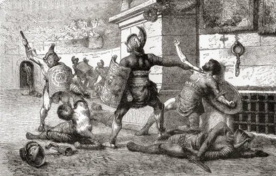 Un combat entre gladiateurs dans la Rome antique, de Ward and Lock