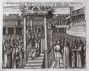 Description de Maître Latimer, prêchant devant le roi Édouard VI dans le lieu de prédication à Westminster, illustration des Actes et Monuments de John Foxe, neuvième édition, pub. 1684