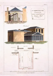 Une serre avec des détails gothiques attachée à une maison de style néo-classique pour Richard Dickinson Esq à Hendon, Middlesex, 1806