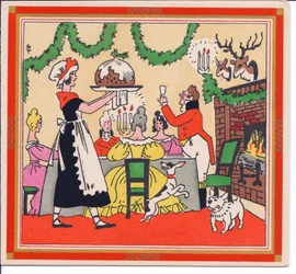 Carte de Noël française pochoir colorée à la main représentant une servante servant un pudding de Noël, vers 1920