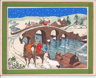 Carte de Noël française pochoir colorée à la main représentant une calèche traversant un pont et un cavalier levant son chapeau en signe de salut, vers 1920
