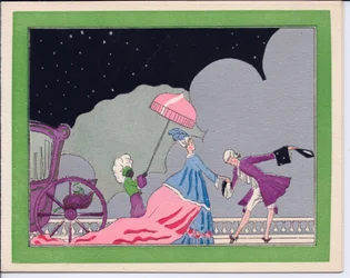 Carte de Noël française au pochoir coloriée à la main, représentant un courtisan s