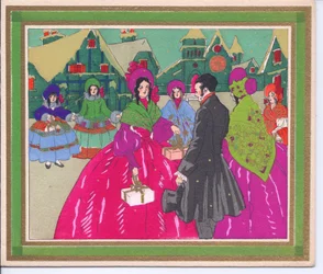 Carte de Noël française pochoir colorée à la main représentant un groupe de dames en robes à crinoline et bonnets conversant avec un gentleman au chapeau haut de forme, vers 1920