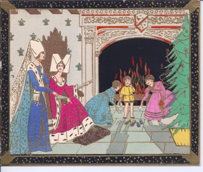 Carte de Noël française pochoir colorée à la main de dames médiévales portant des chapeaux papillon et des enfants devant une grande cheminée réchauffant leurs chaussures, vers 1920