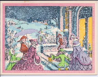 Carte de Noël française pochoir colorée à la main de fêtards arrivant dans la neige à un manoir, vers 1920