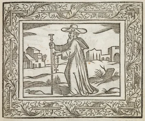 Un homme tenant un bâton et un crucifix, illustration de 