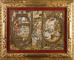 Reliure de livre en broderie représentant des scènes religieuses avec un roi assis et un ange s
