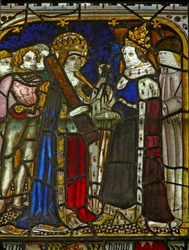 Un panneau dans la fenêtre est représentant Sainte Hélène avec l