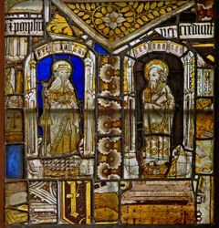 Un panneau dans la fenêtre est représentant Saint Jacques avec Saint Paul avec la plante Gromwell au-dessus