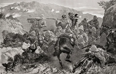 Un piquet du 13e Hussards surpris près de la rivière Tugela, Hussar Hill, KwaZulu-Natal pendant la seconde guerre des Boers, de 