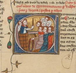 Un prêtre excommuniant des personnes en levant un cierge, Royal MS 6 E VII, f.75v (vélin)