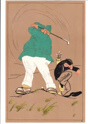 Impression de deux golfeurs dans des postures comiques et humoristiques, vers 1920