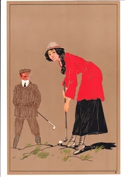 Impression de deux golfeurs dans des postures comiques et humoristiques, vers 1920