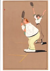 Impression de deux joueurs de tennis dans des postures comiques et humoristiques, vers 1920